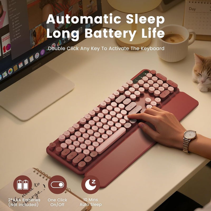 SABLUTE Wireless Keyboard, Round Keycaps, Retro Typewriter Keyboard with Detachable Wrist Rest, Sleep Mode, Foldable Legs, 2.4GHz Full-Size Cordless Computer Keyboard for Windows/PC/Laptop (Burgundy Colors) - Image 4